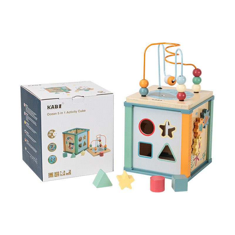 Multifunctional wooden activity cube