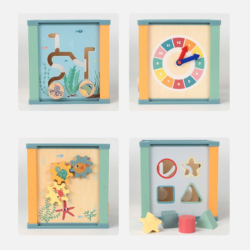 Multifunctional wooden activity cube