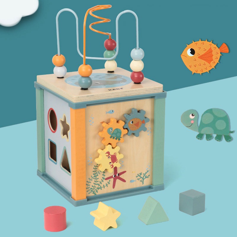 Multifunctional wooden activity cube