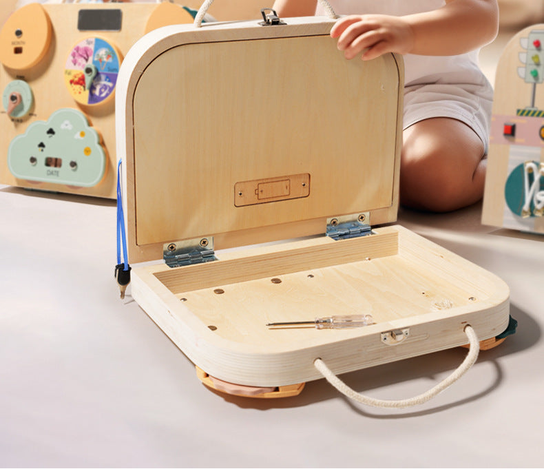 Montessori Wooden Busy Board Suitcase - 3 in 1 Educational Activity Centre